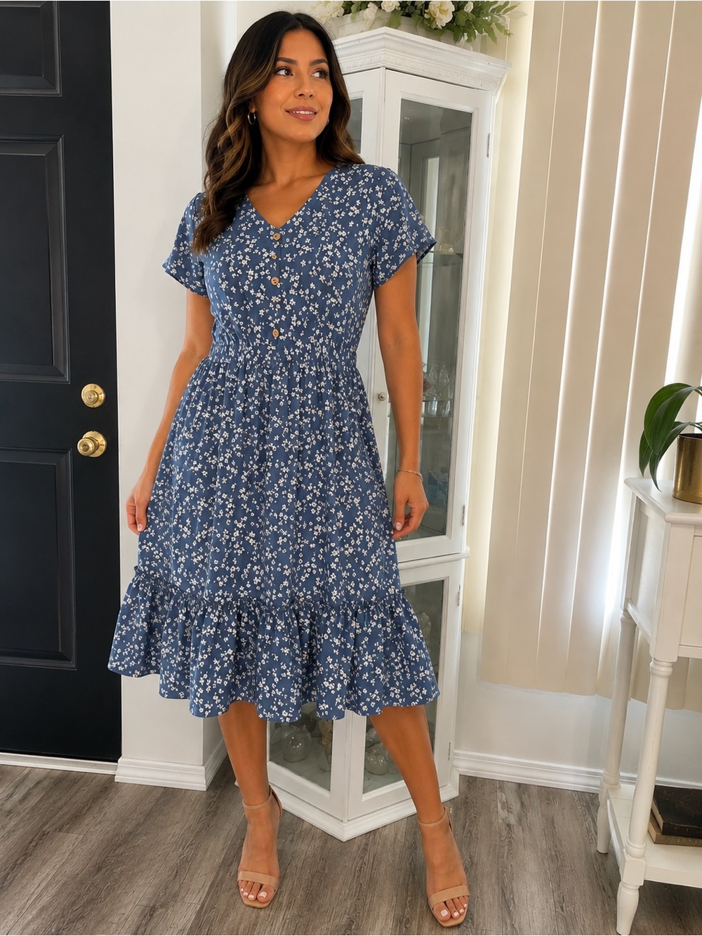 🩷. 1333. Floral Button-Front Blue Midi Dress